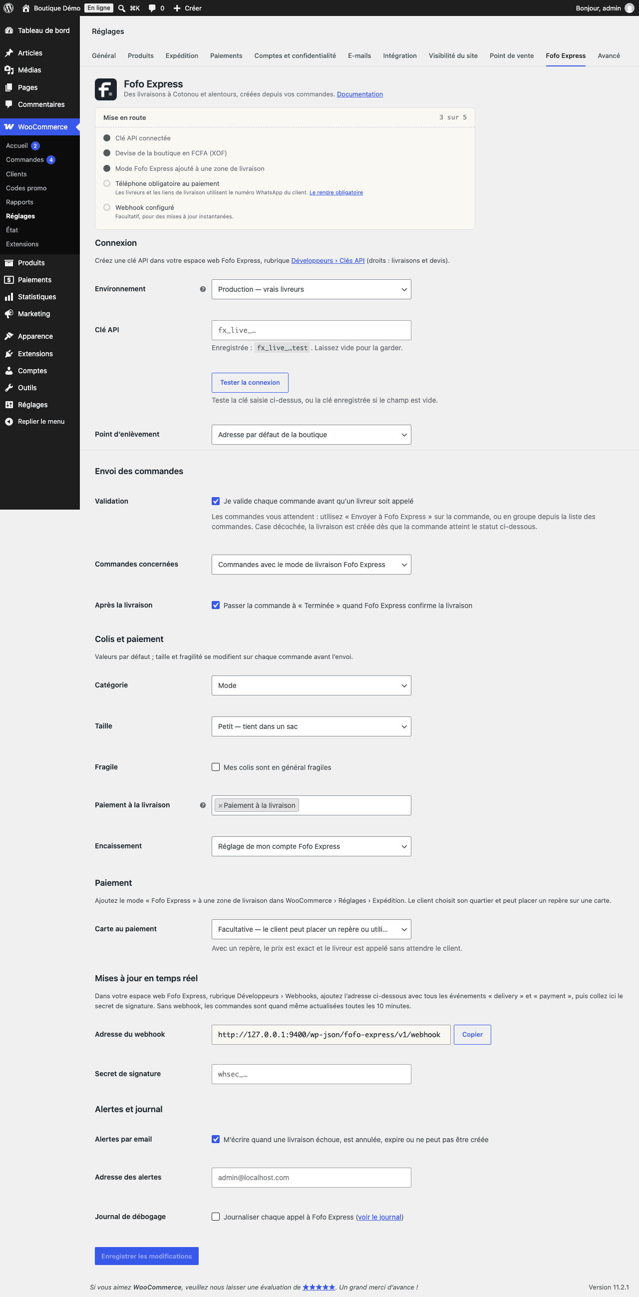 Réglages de l’extension, avec la liste des étapes